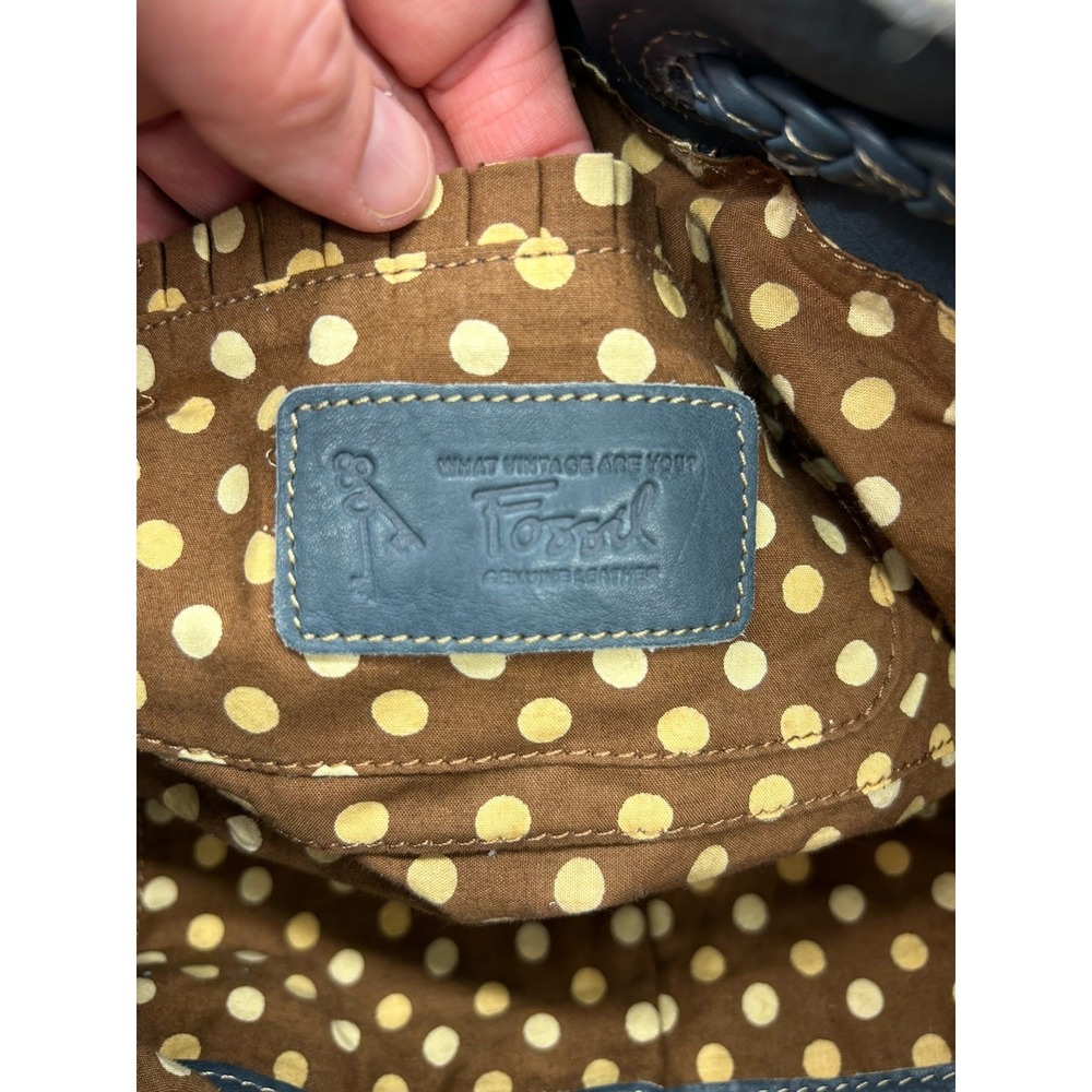 Fossil Blue Leather Shoulder Hobo Bag Purse Dual Handle Drawstring Closure - Picture 8 of 10